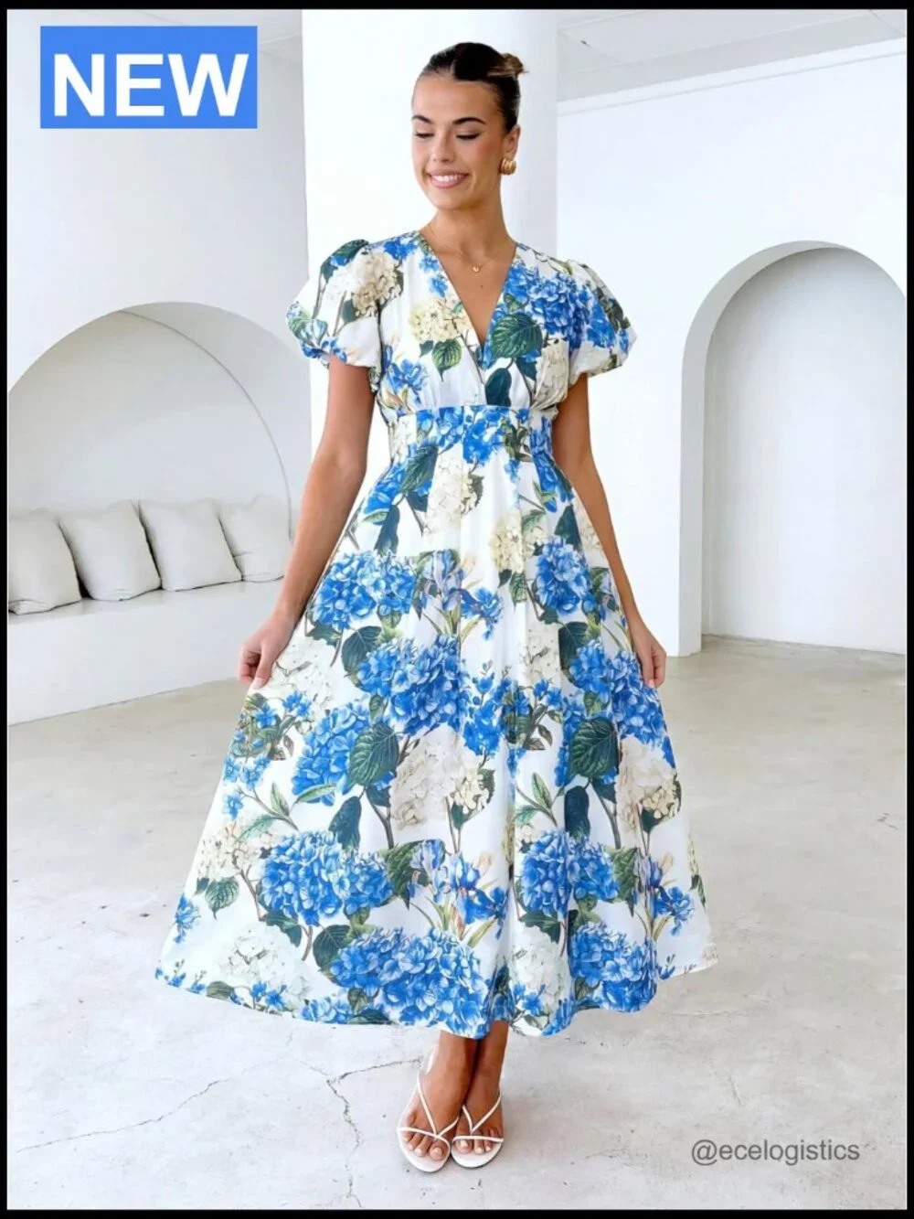 Bohemian Floral Maxi Dress V-Neck A-Line Elastic Waist Summer Wedding Guest - Picture 6 of 6